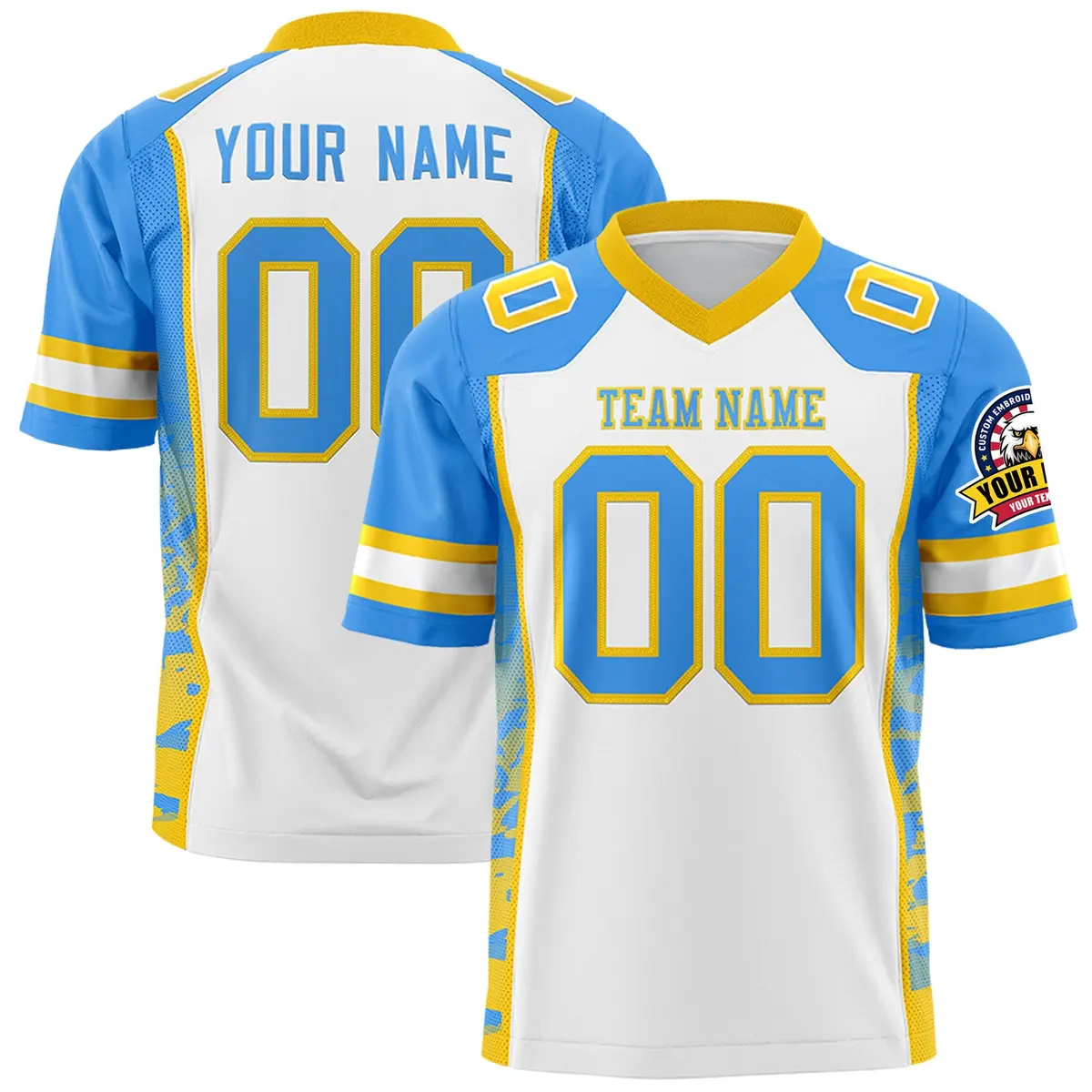 White Powder Blue-Gold Raglan Side Pattern Football Jersey