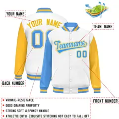 White Powder Blue-Gold Raglan Varsity Full-Snap Letterman Baseball Jacket 2