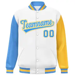 White Powder Blue-Gold Raglan Varsity Full-Snap Letterman Baseball Jacket 3