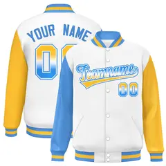 White Powder Blue-Gold Raglan Varsity Full-Snap Letterman Baseball Jacket