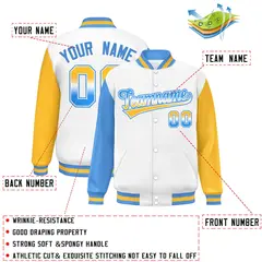 White Powder Blue-Gold Raglan Varsity Full-Snap Letterman Baseball Jacket 2