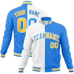 White Powder Blue Gold Two Tone Split Varsity Full-Snap Letterman Jacket 1