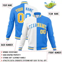 White Powder Blue Gold Two Tone Split Varsity Full-Snap Letterman Jacket 4