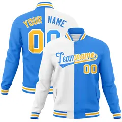 White Powder Blue Gold Two Tone Split Varsity Full-Snap Letterman Jacket 1