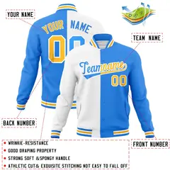 White Powder Blue Gold Two Tone Split Varsity Full-Snap Letterman Jacket 4