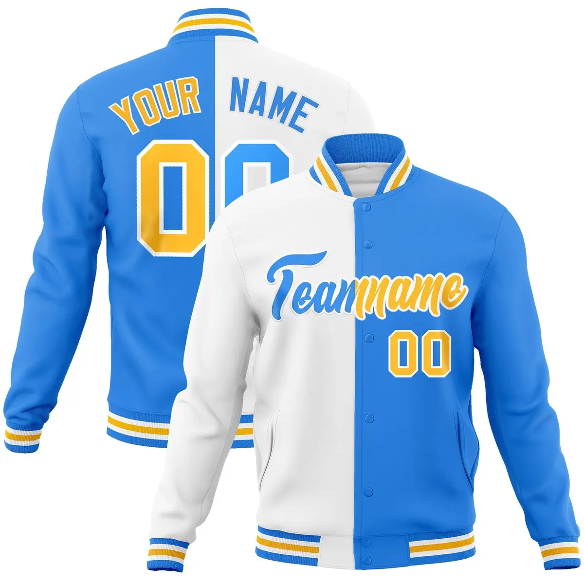 White Powder Blue Gold Two Tone Split Varsity Full-Snap Letterman Jacket