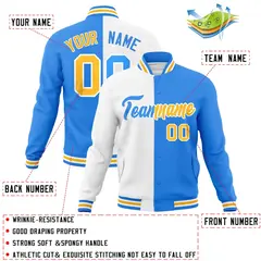 White Powder Blue Gold Two Tone Split Varsity Full-Snap Letterman Jacket 4