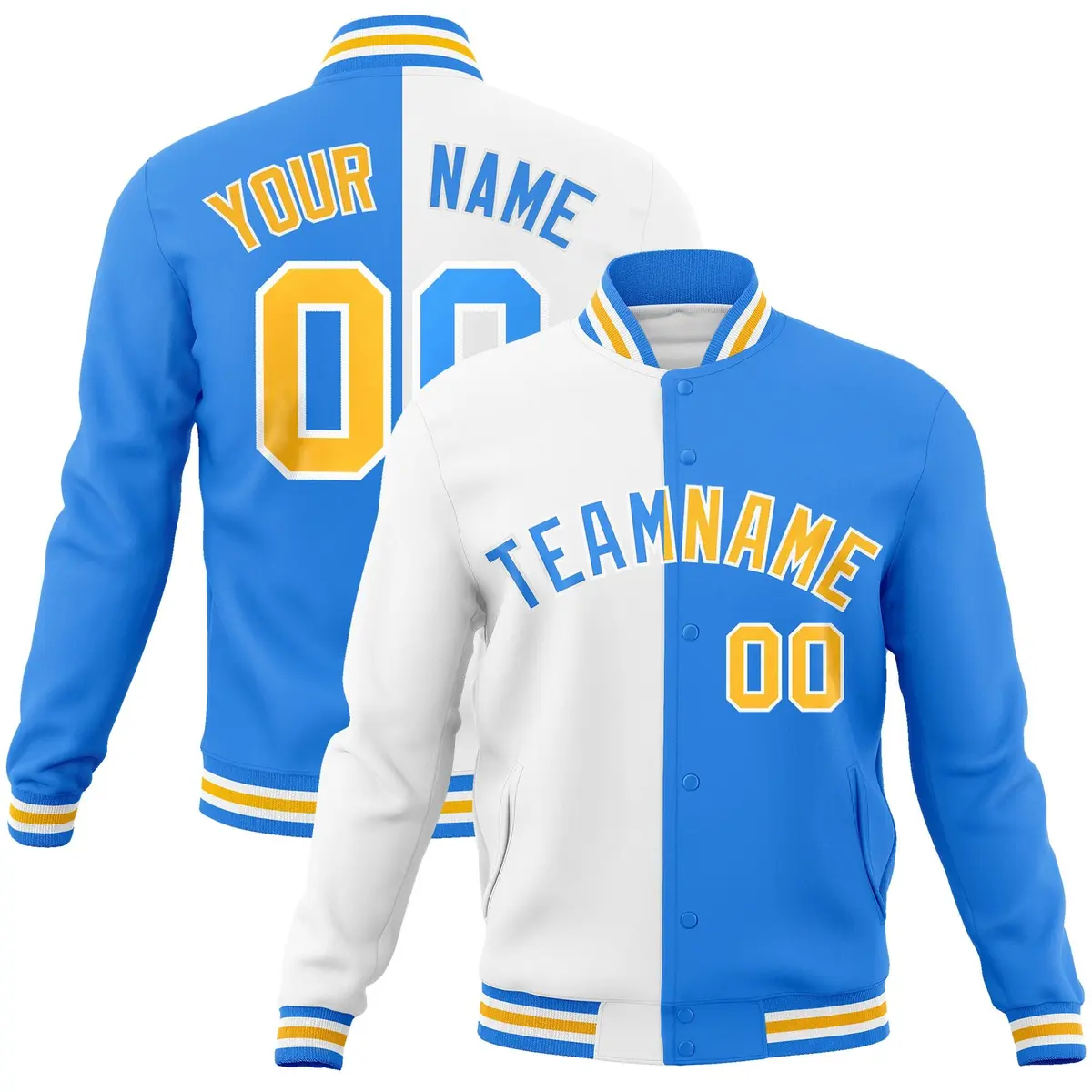 White Powder Blue Gold Two Tone Split Varsity Full-Snap Letterman Jacket