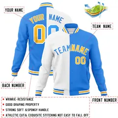 White Powder Blue Gold Two Tone Split Varsity Full-Snap Letterman Jacket 4