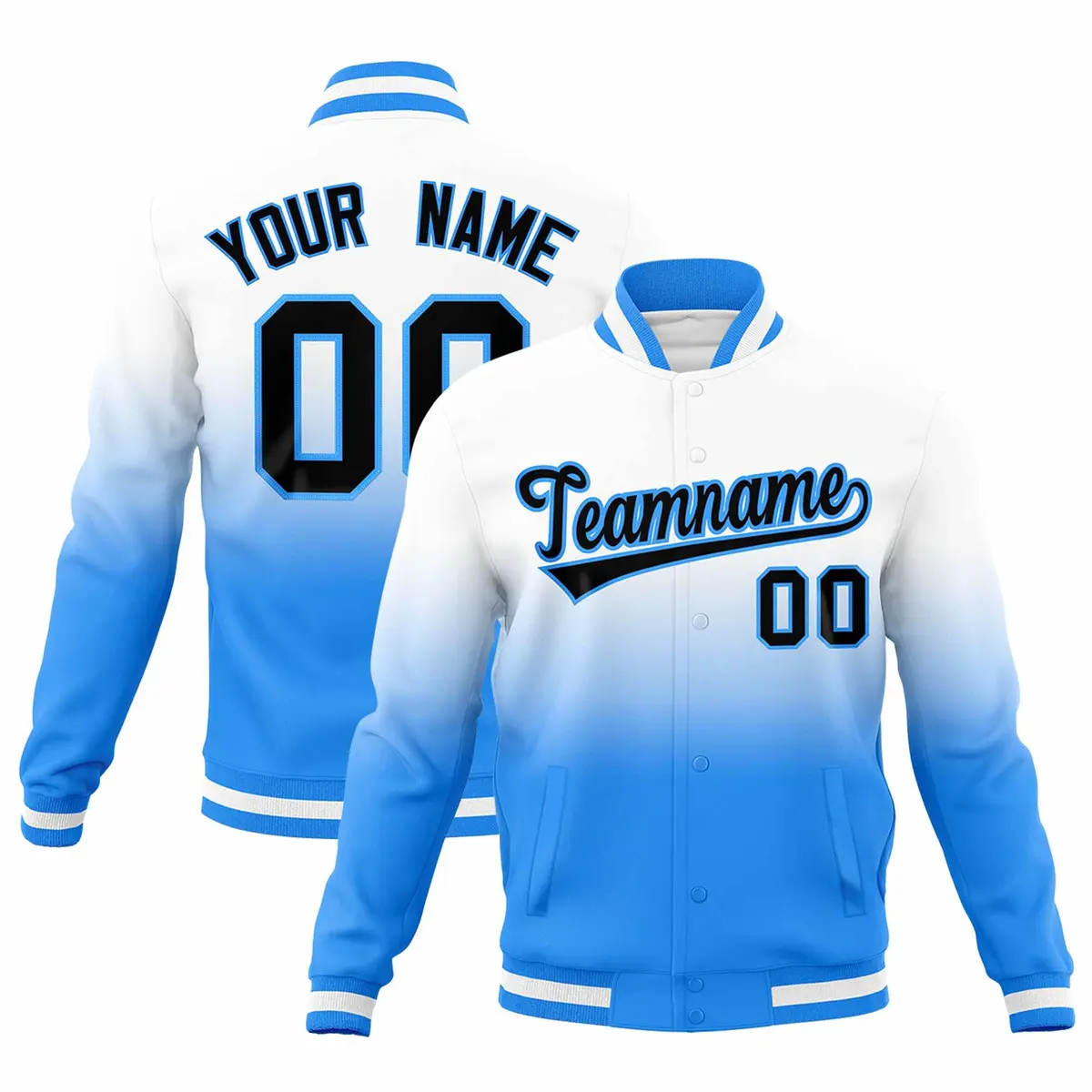 White Powder Blue Gradient Full-Snap Varsity Letterman Jacket