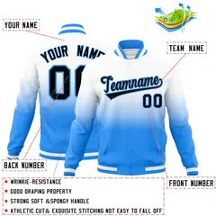 White Powder Blue Gradient Full-Snap Varsity Letterman Jacket 2