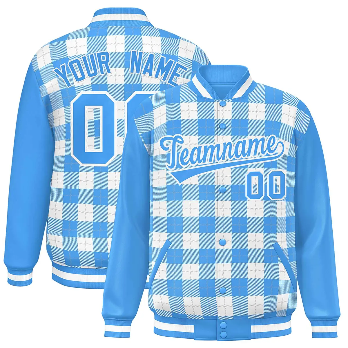 White Powder Blue-Gray Plaid Varsity Letterman Baseball Jacket