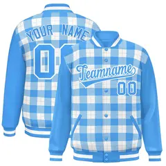 White Powder Blue-Gray Plaid Varsity Letterman Baseball Jacket 1