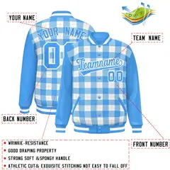 White Powder Blue-Gray Plaid Varsity Letterman Baseball Jacket 2