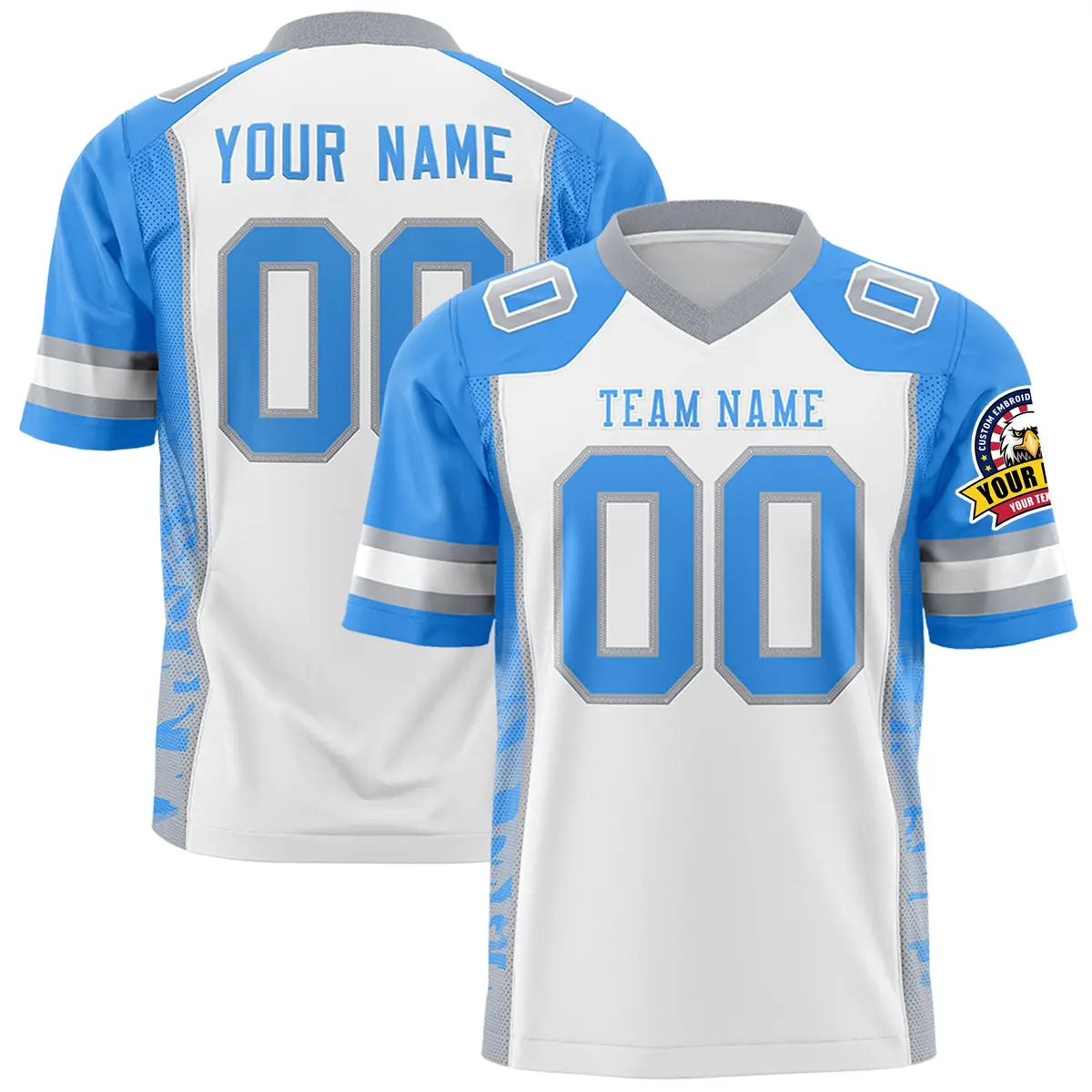 White Powder Blue-Gray Raglan Sleeves Side Pattern Football Jersey