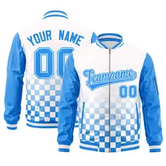 White Powder Blue Grid Color Block Letterman Raglan Jacket 1