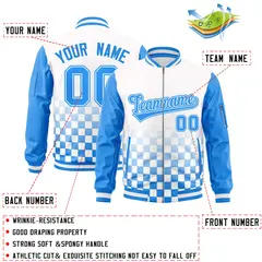 White Powder Blue Grid Color Block Letterman Raglan Jacket 2
