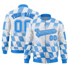 White Powder Blue Grid Color Block Varsity Letterman Bomber Jacket