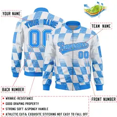 White Powder Blue Grid Color Block Varsity Letterman Bomber Jacket 2