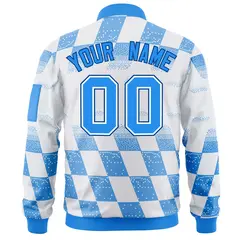 White Powder Blue Grid Color Block Varsity Letterman Bomber Jacket 4