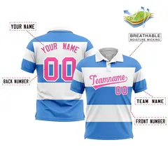 White-Powder Blue Horizontal Stripe Performance Polo Shirt 2