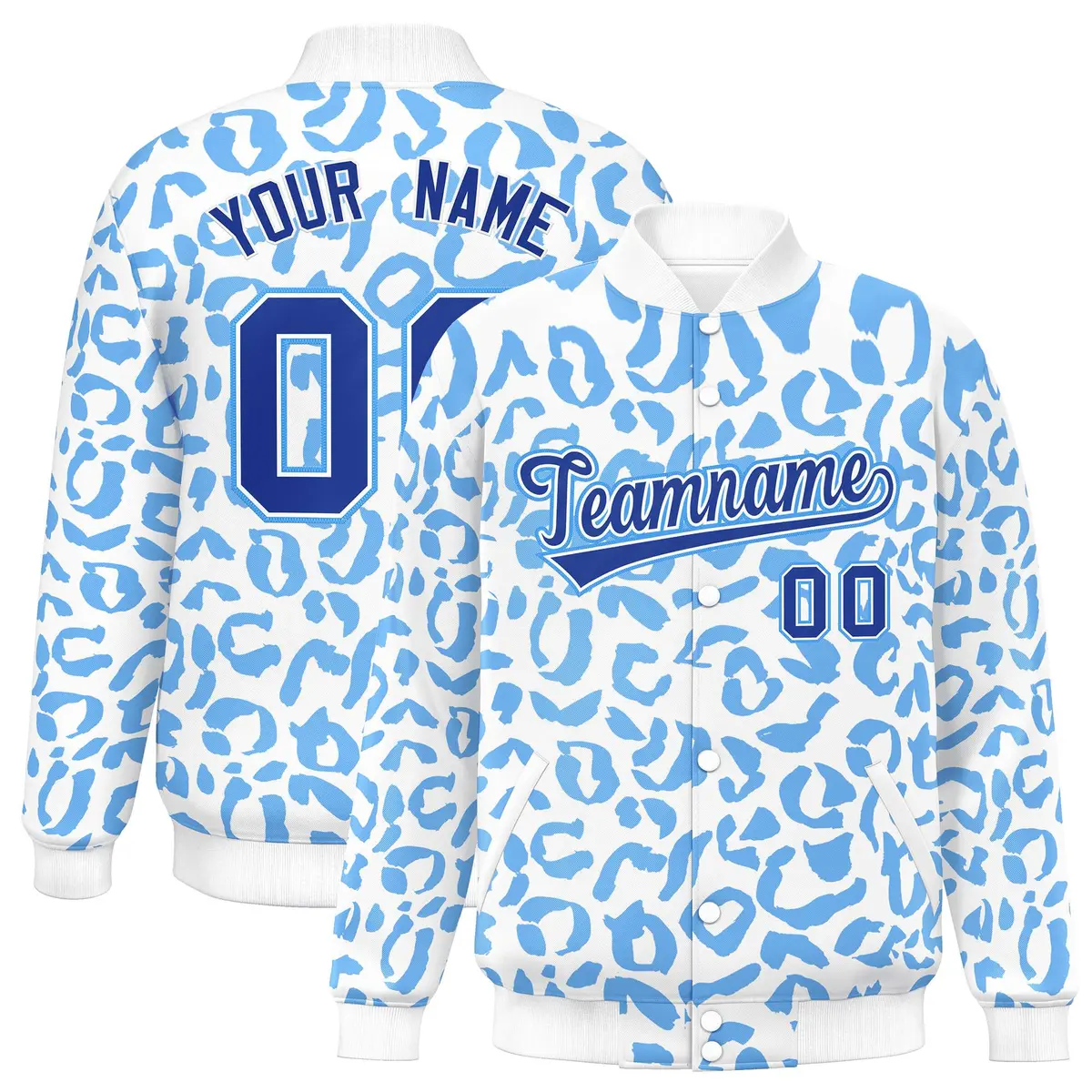 White Powder Blue Leopard Graffiti Varsity Letterman Baseball Jacket