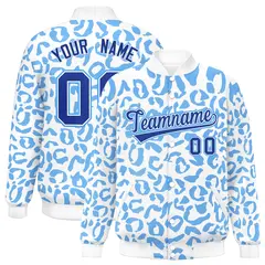 White Powder Blue Leopard Graffiti Varsity Letterman Baseball Jacket