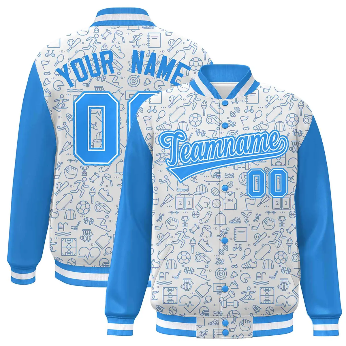 White Powder Blue Line Graffiti Varsity Raglan Letterman Jacket