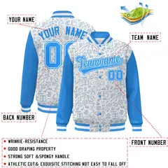 White Powder Blue Line Graffiti Varsity Raglan Letterman Jacket 2