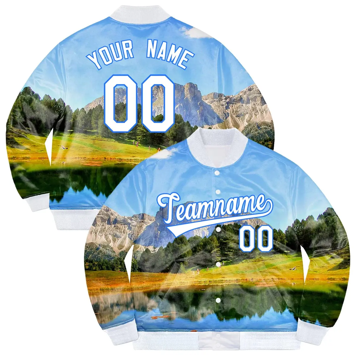 White Powder Blue Mountain Peak Graffiti Pattern Varsity Bomber Jacket