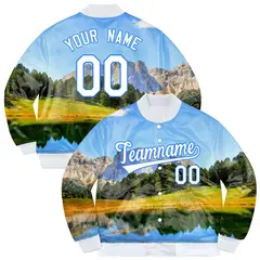 White Powder Blue Mountain Peak Graffiti Pattern Varsity Bomber Jacket