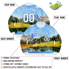 White Powder Blue Mountain Peak Graffiti Pattern Varsity Bomber Jacket 2