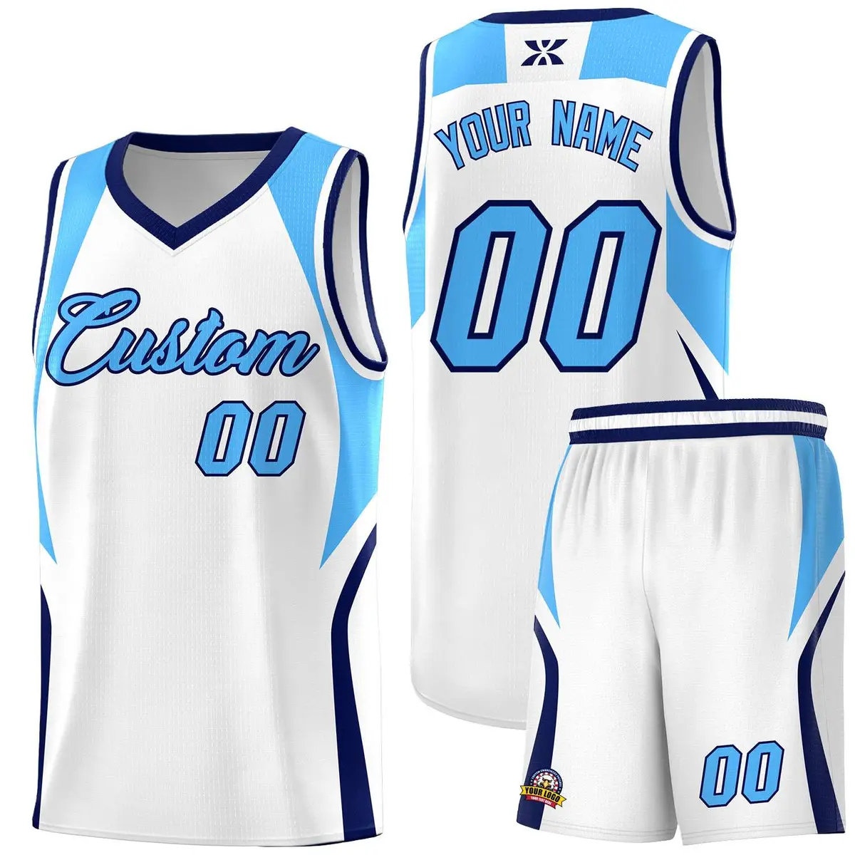 White Powder Blue Navy Color Block Basketball Jersey