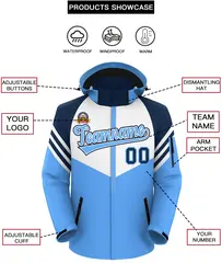 White Powder Blue-Navy Color Block Hooded Waterproof Jacket 2