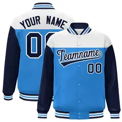 White Powder Blue-Navy Color Block Letterman Varsity Baseball Jacket