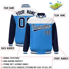 White Powder Blue-Navy Color Block Letterman Varsity Baseball Jacket 2