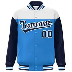 White Powder Blue-Navy Color Block Letterman Varsity Baseball Jacket 3