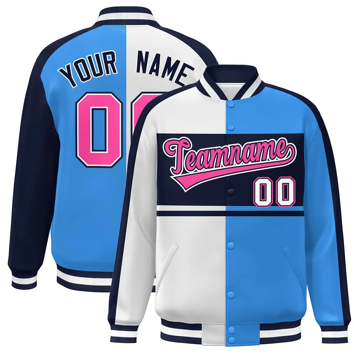 White Powder Blue Navy-Pink Color Block Varsity Baseball Jacket