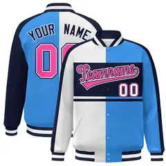 White Powder Blue Navy-Pink Color Block Varsity Baseball Jacket