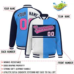 White Powder Blue Navy-Pink Color Block Varsity Baseball Jacket 2