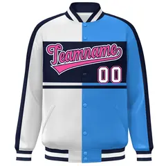 White Powder Blue Navy-Pink Color Block Varsity Baseball Jacket 3