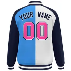 White Powder Blue Navy-Pink Color Block Varsity Baseball Jacket 4
