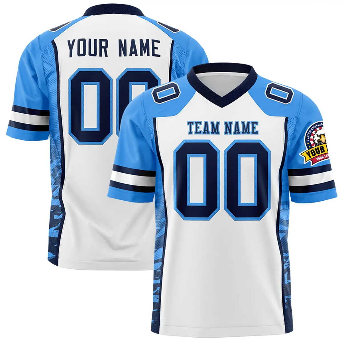 White Powder Blue-Navy Raglan Side Pattern Football Jersey