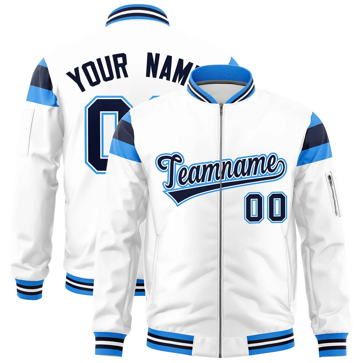 White Powder Blue Navy Shoulder Color Block Full-Zip Letterman Bomber Jacket