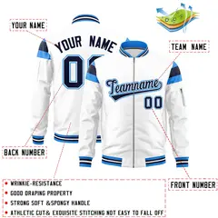 White Powder Blue Navy Shoulder Color Block Full-Zip Letterman Bomber Jacket 2