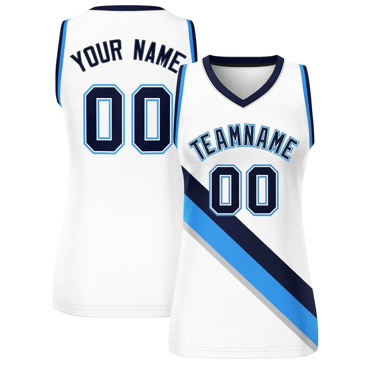 Women's White Powder Blue-Navy Thick Slash Mesh Basketball Jersey