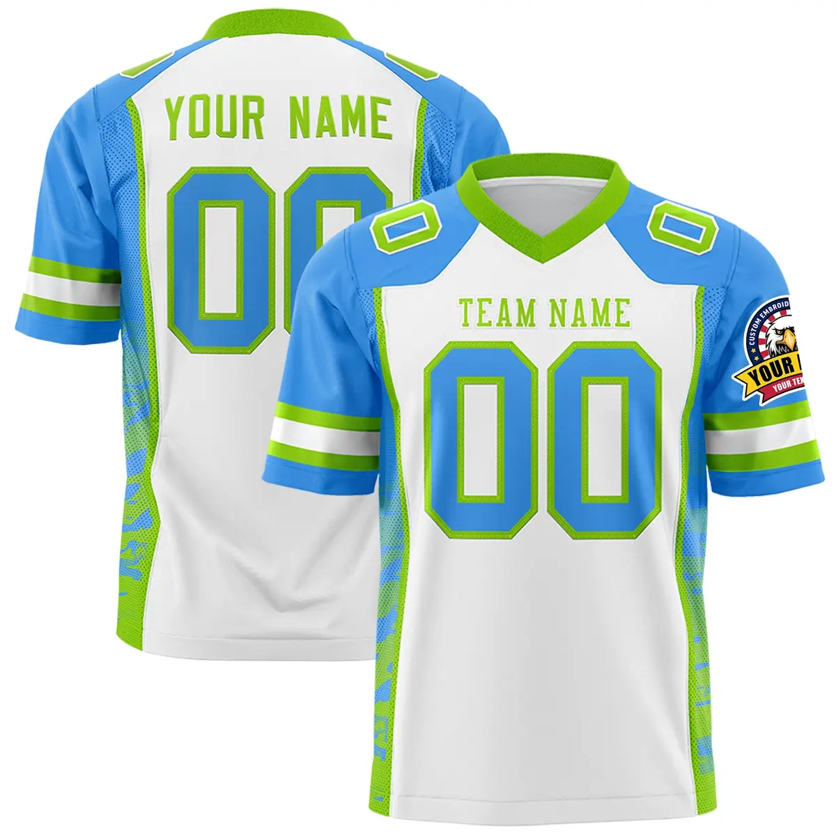 White Powder Blue-Neon Green Raglan Side Pattern Football Jersey