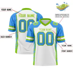 White Powder Blue-Neon Green Raglan Side Pattern Football Jersey 2