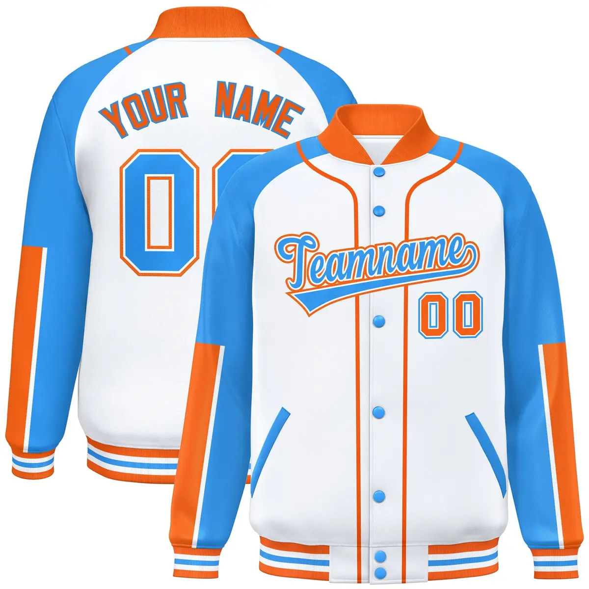 White Powder Blue-Orange Raglan Full-Snap Letterman Baseball Jacket