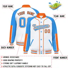 White Powder Blue-Orange Raglan Full-Snap Letterman Baseball Jacket 2